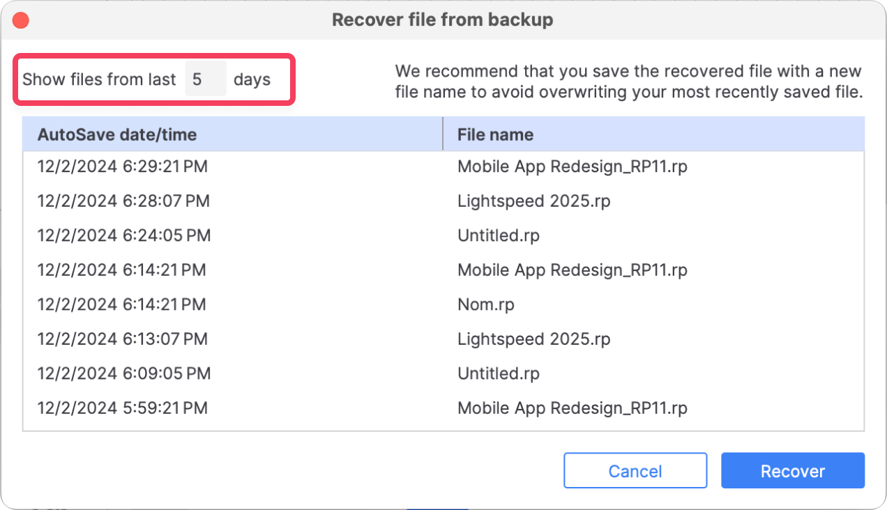 Recover file from backup dialog