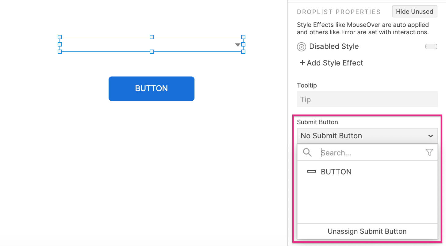 selecting a submit button for a droplist widget