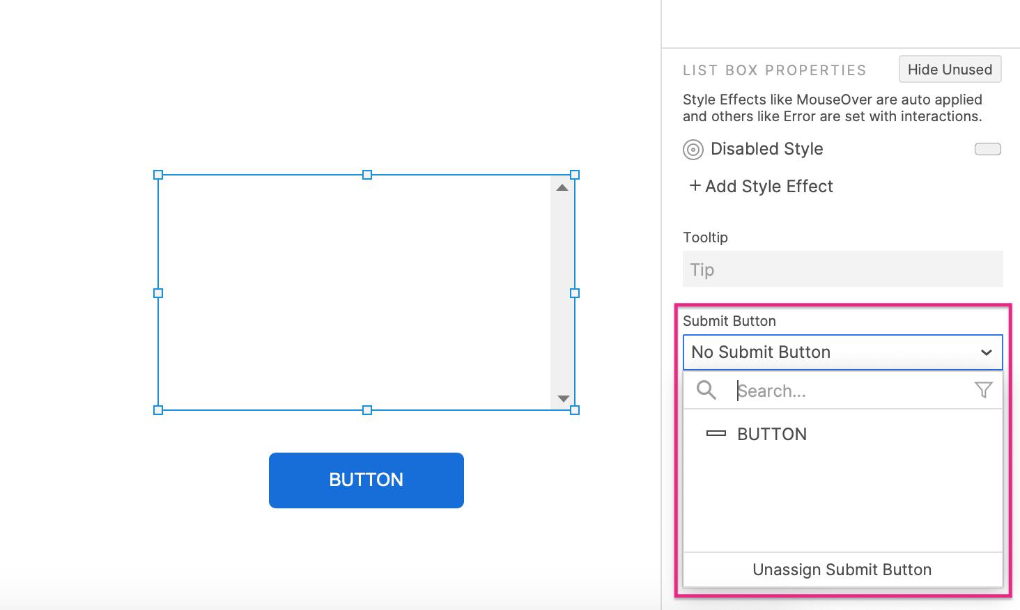 selecting a submit button for a list box widget