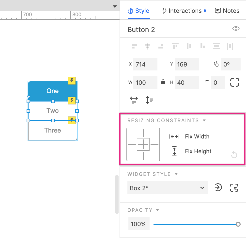 screenshot of resizing constraints in Style pane