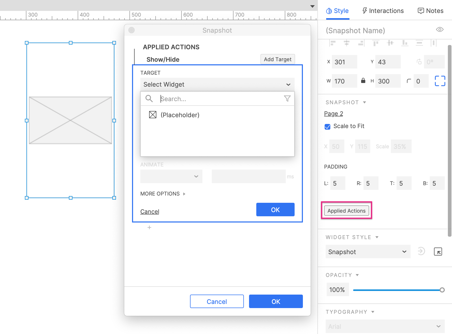 snapshot widgets Applied Actions dialog