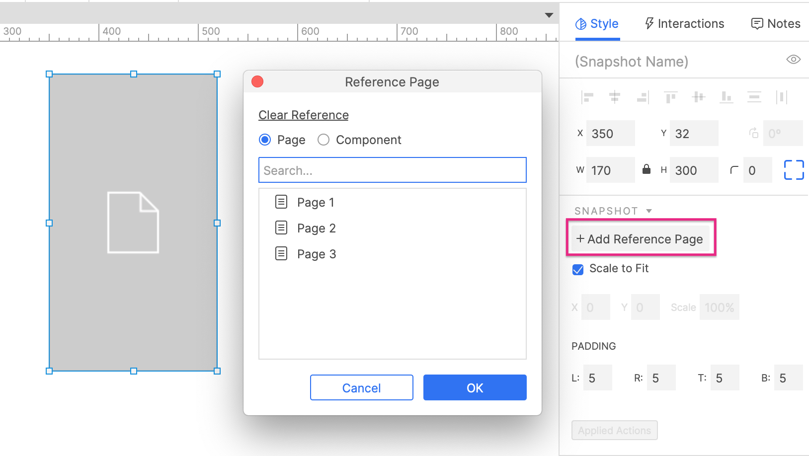 the snapshot widget&#39;s Add Reference Page dialog