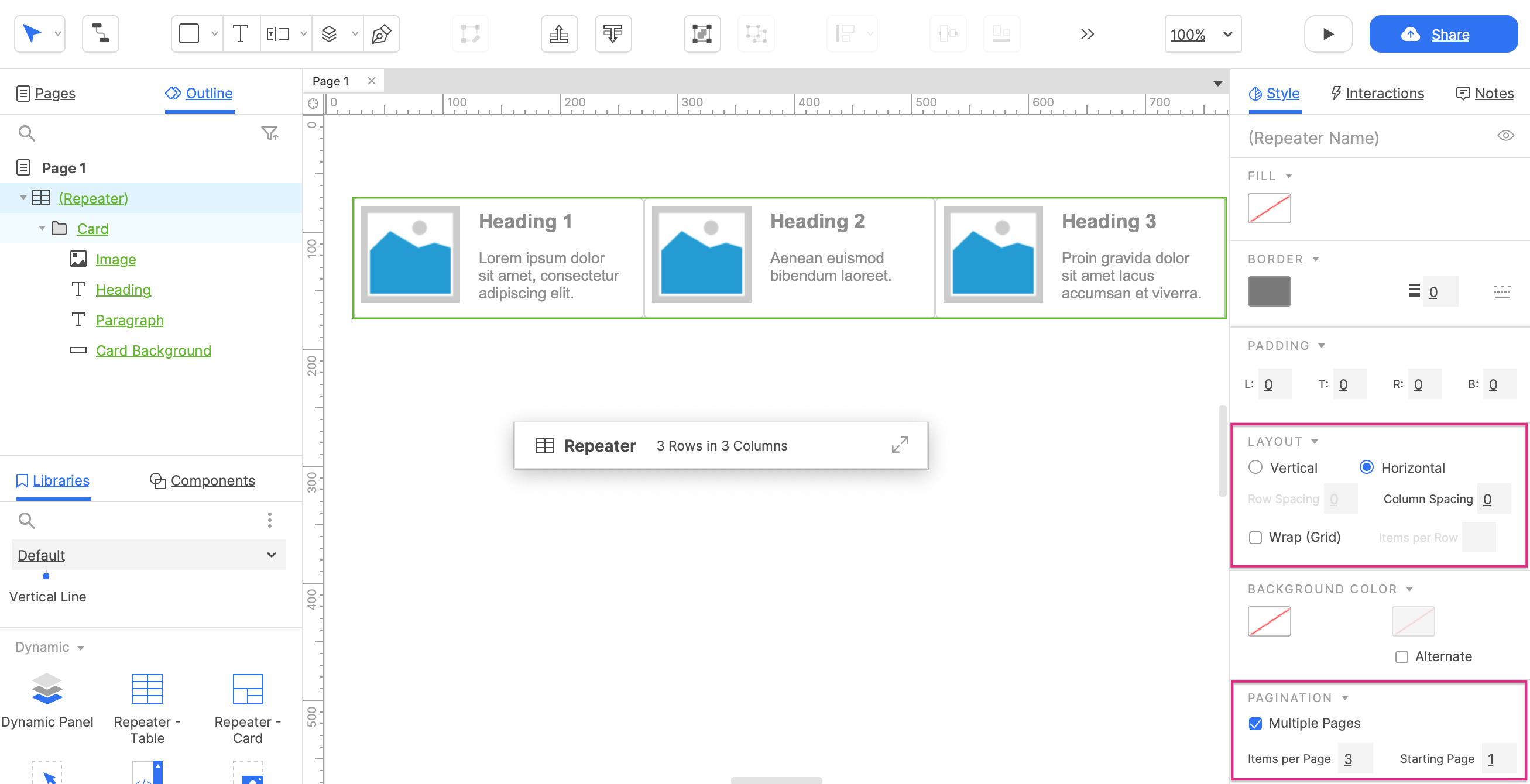 spacing, layout, and pagination options for repeaters