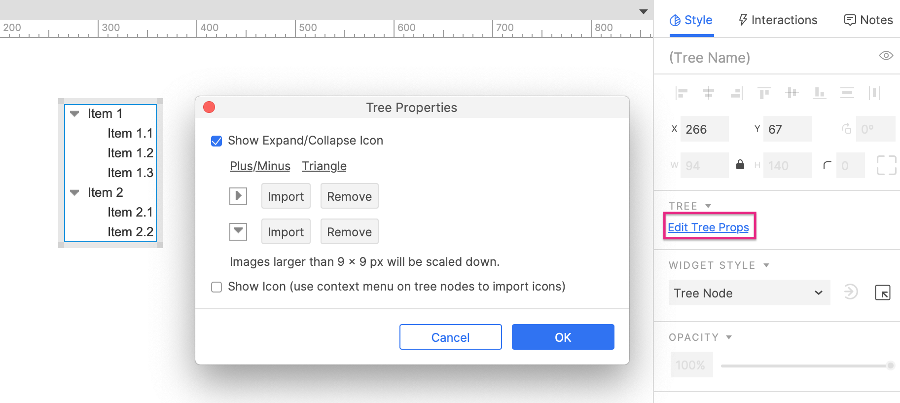 the tree properties dialog