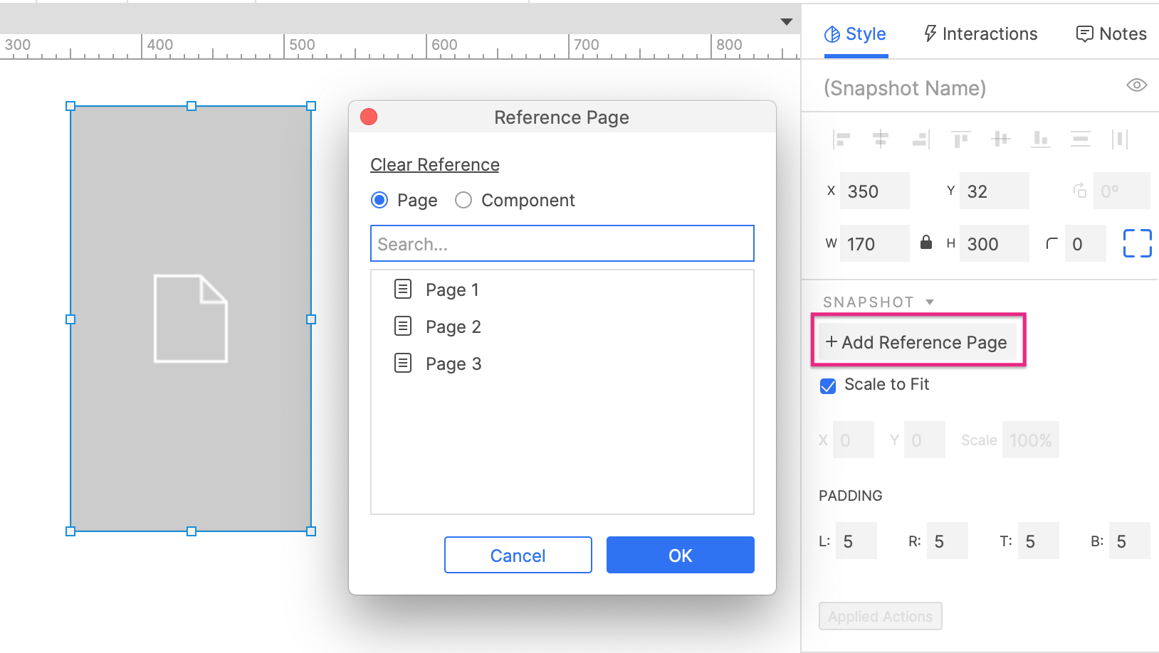 the snapshot widget's Add Reference Page dialog