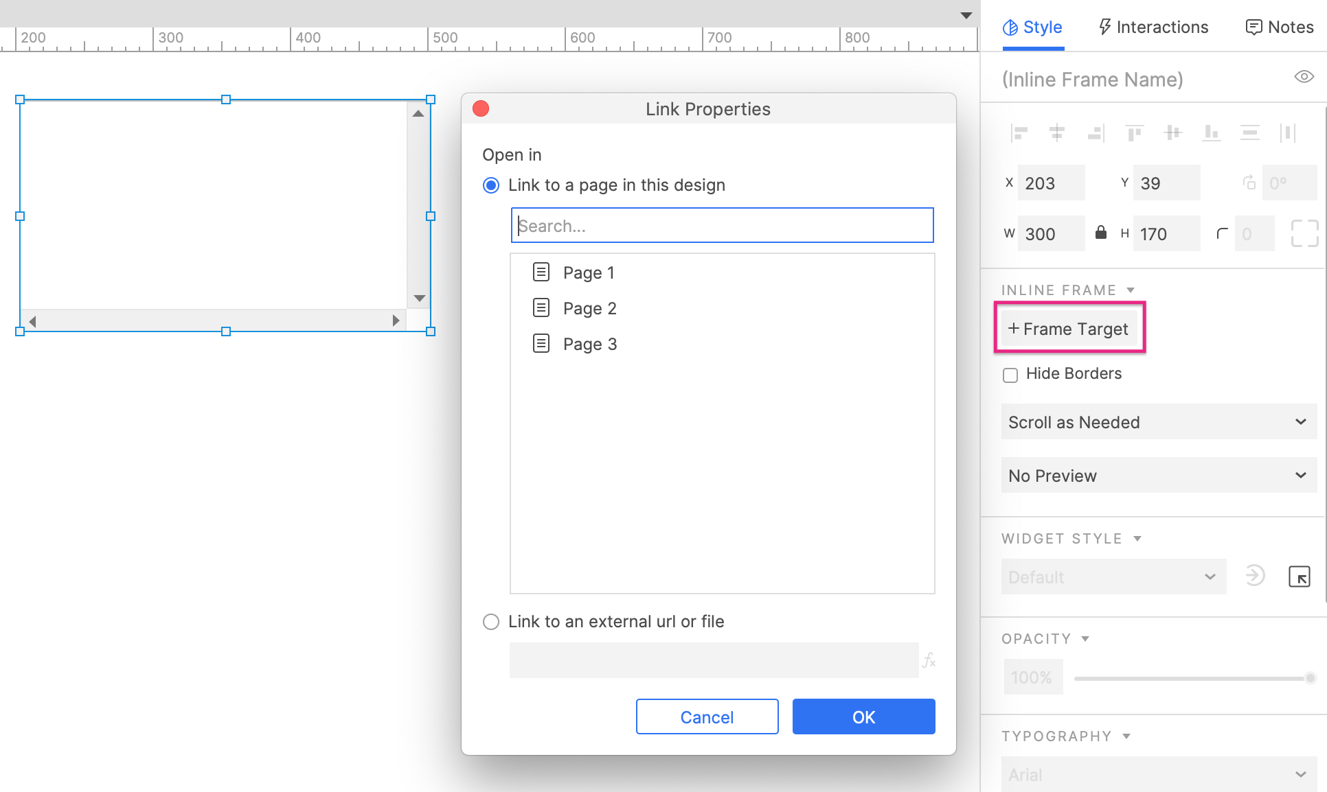the inline frame widget's link properties dialog