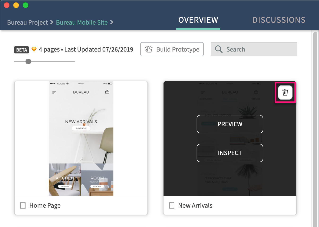 removing assets from artboard projects on the Overview screen