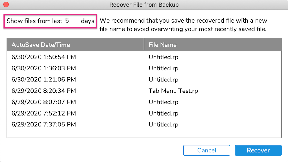 Recover File from Backup dialog