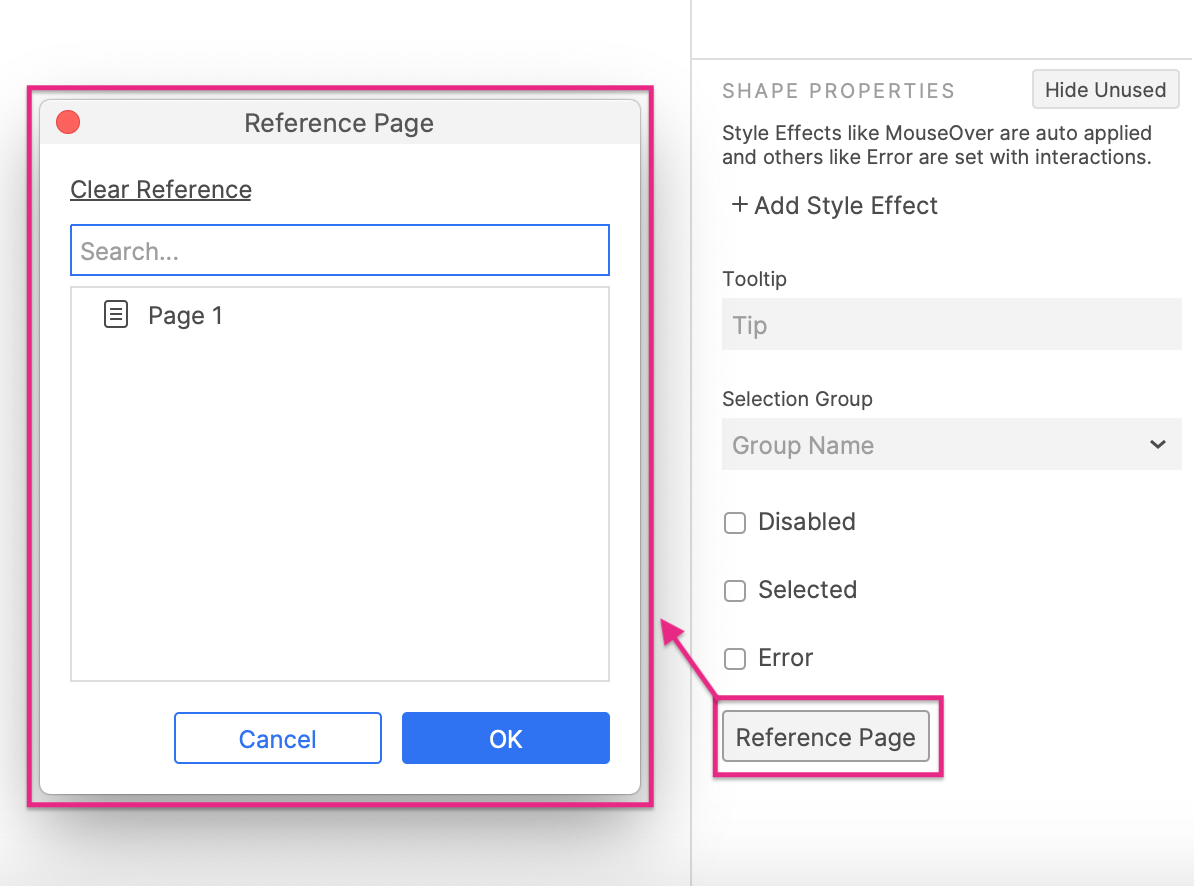 selecting a reference page for a shape widget